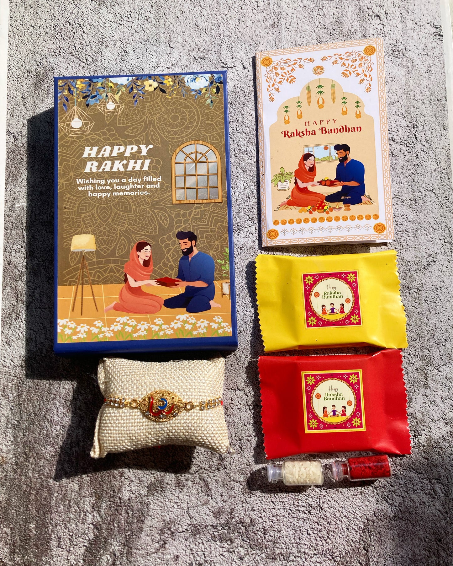 Om Kundan Rakhi for Brother| Magnetic Gift Box, Chocolates, Card, Roli & Chawal