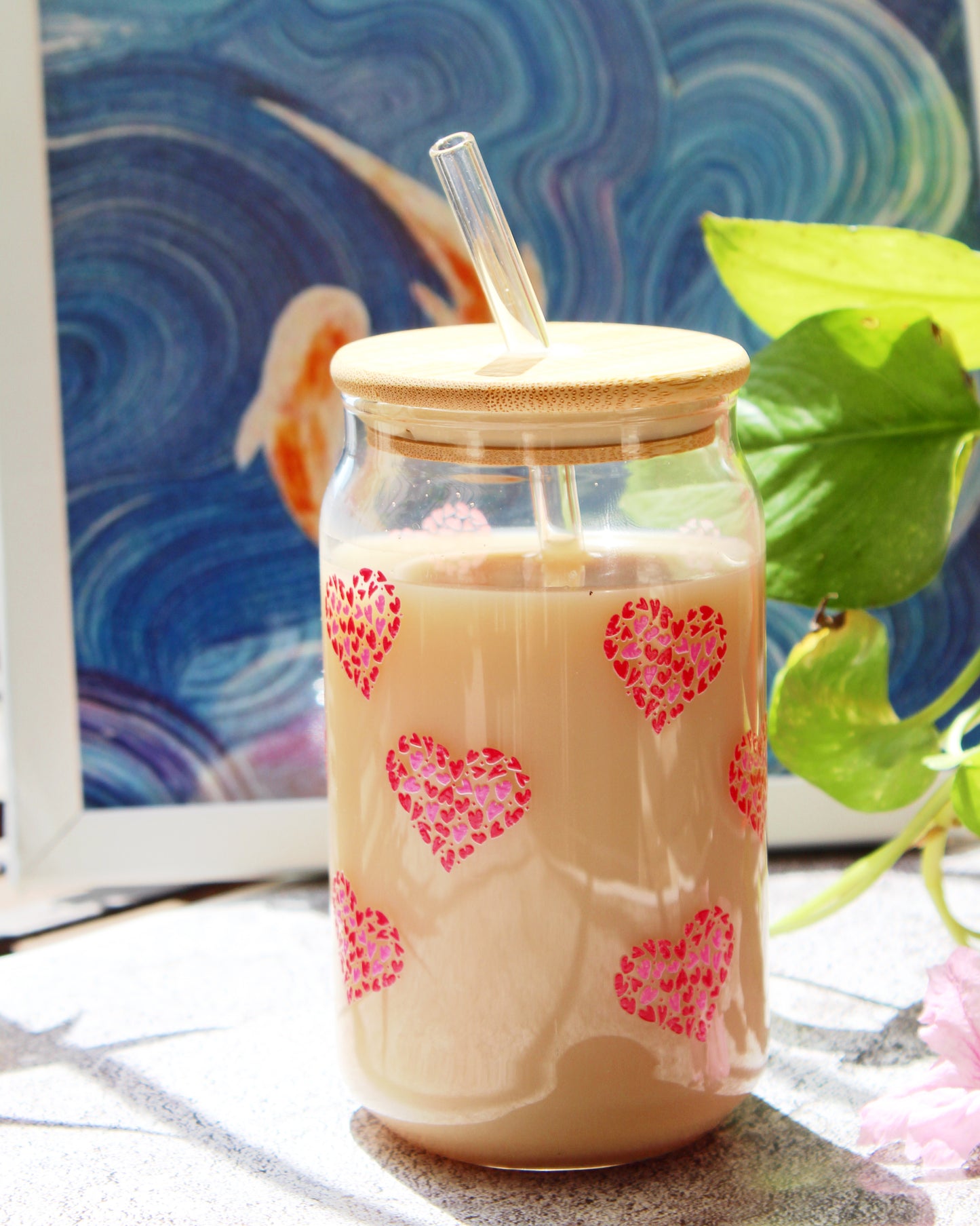 Glass Tumbler with Straw - Hearts