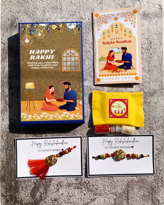 Bhai and Bhabhi Rakhi Peacock | Magnetic Gift Box, Chocolate, Card, Roli & Chawal