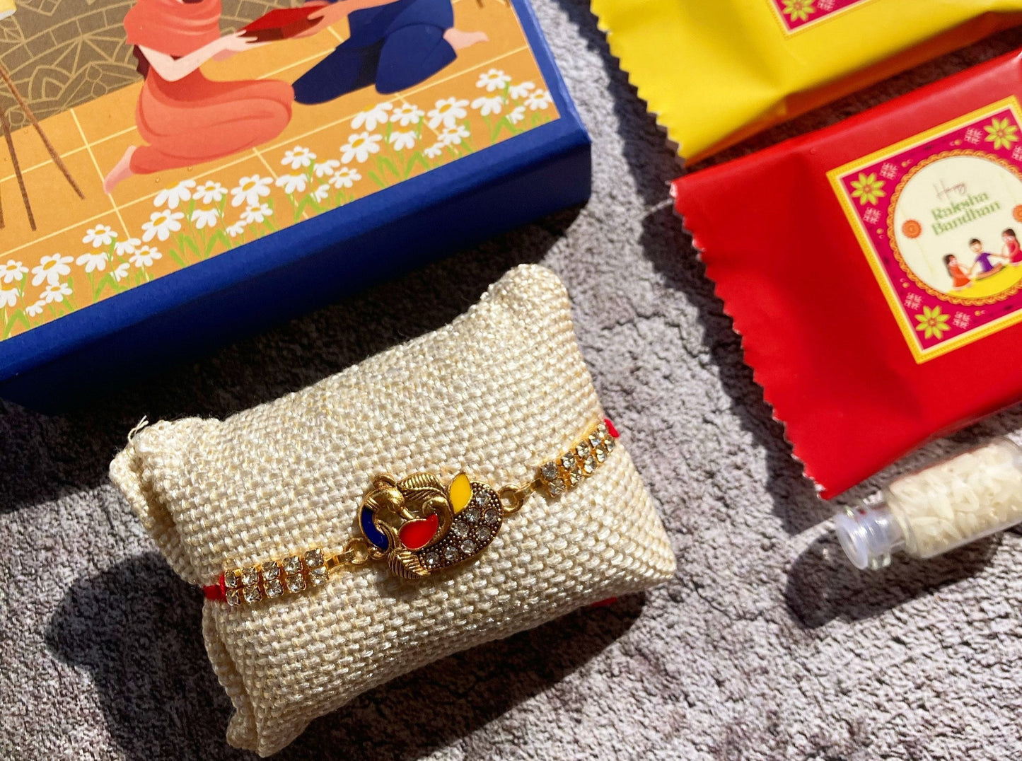 Peacock Kundan Rakhi for Brother| Magnetic Gift Box, Chocolates, Card, Roli & Chawal