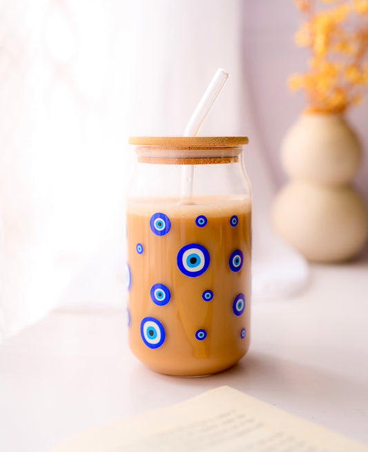 Glass Tumbler with Straw - Evil Eye