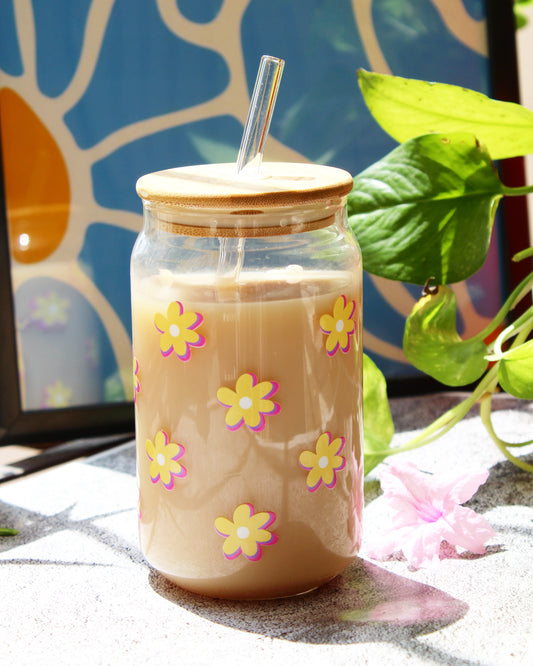 Glass Tumbler with Straw - Flower