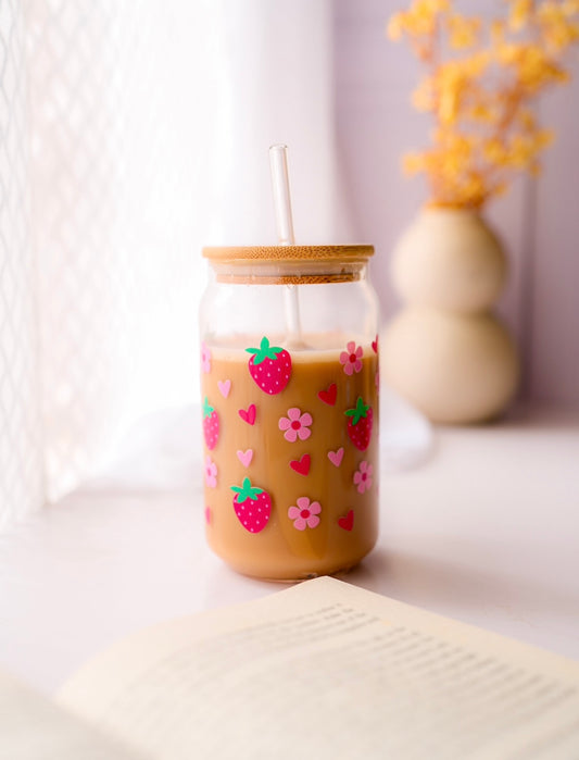 Glass Tumbler with Straw - Strawberry